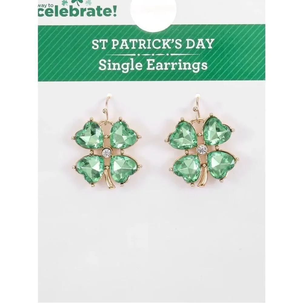 New St Patrick’s Day Green Crystal Clover Drop Earrings - Gold Tone